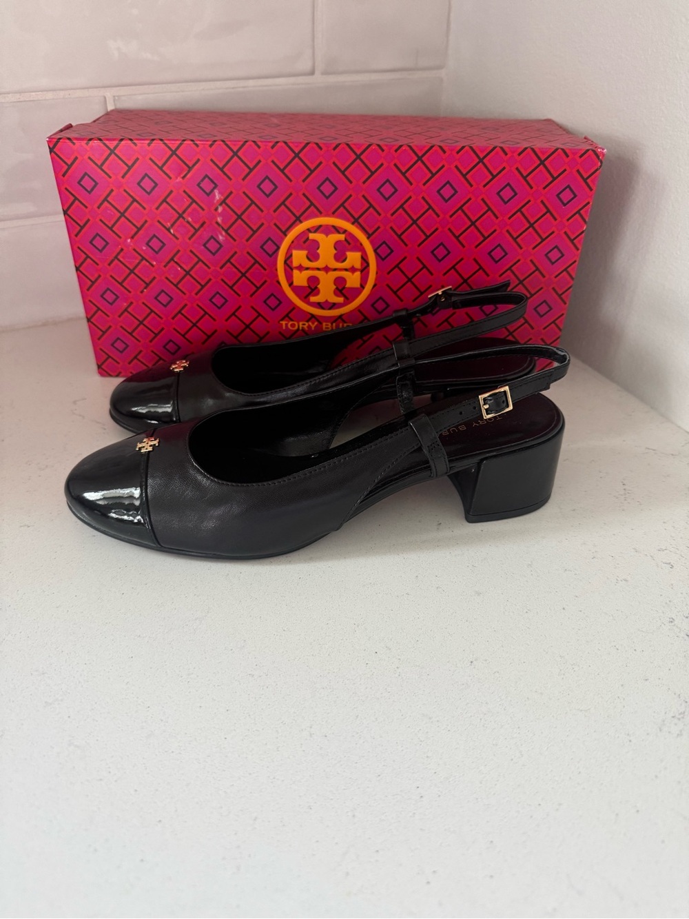 Tory Burch Black Patent-Toe Slingback Block Heels